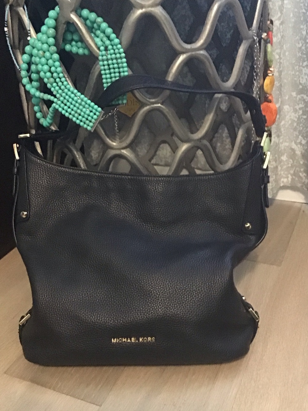 Michael Kors Black Pebbled Leather Shoulder Hobo with Gold Logo